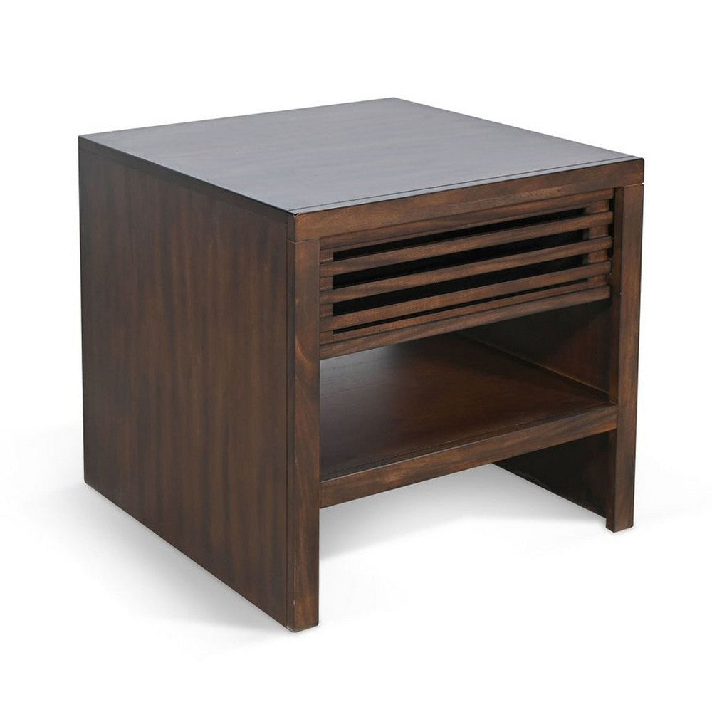 Nero Side End Table | Slatted Drawer | 26" Solid Wood Dark Brown