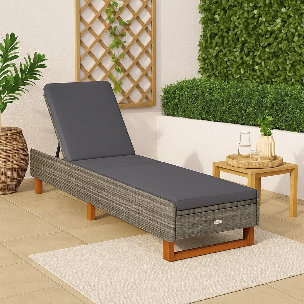 Patio Sun Lounger w Cushion | Adjustable Seat | 79" | Gray Wicker Rattan