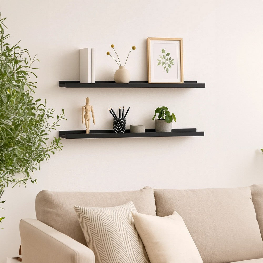 Yuli Wall Shelf Set of 2 | Raised Ledge Design | Classic Black