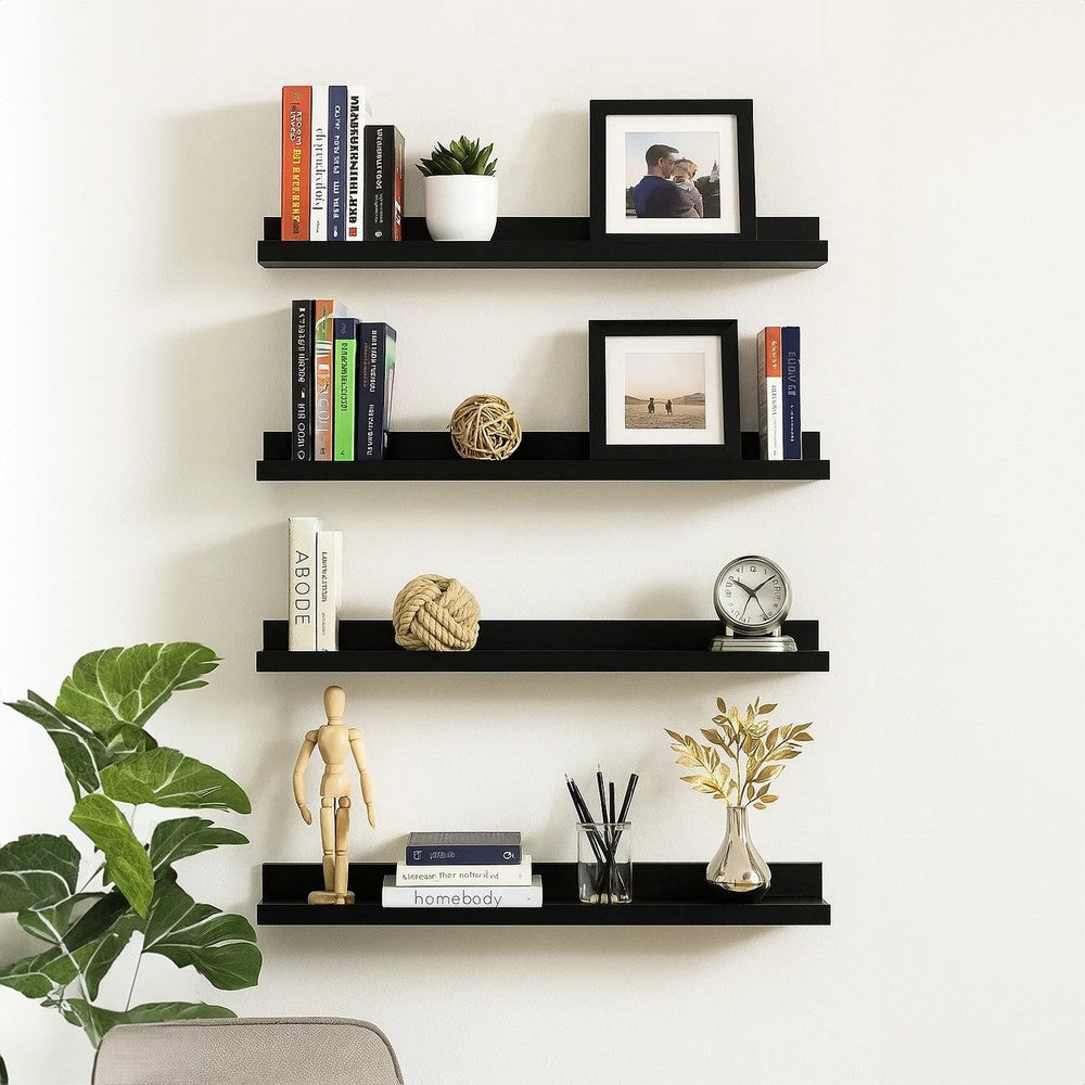 Yuli Wall Shelf Set of 4 | Contemporary Black | Raised Ledge Design 32’’