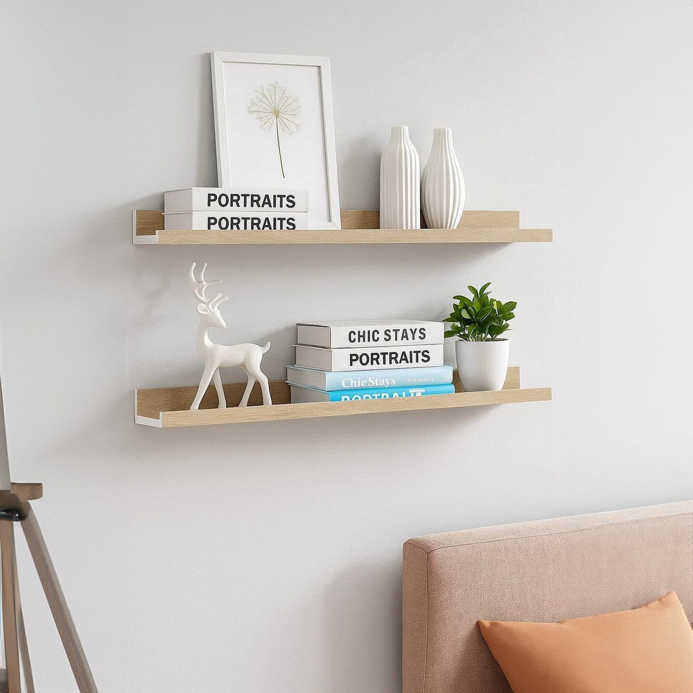 Yuli Wall Shelf Set of 2 | Farmhouse Brown & White | Raised Ledge Design 32’’ BM340442