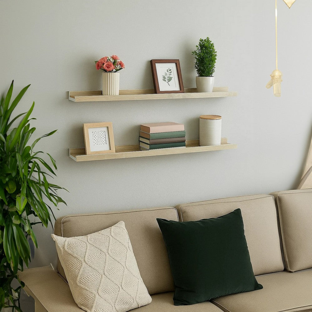 Yuli Wall Shelf Set of 2 | Farmhouse Brown & White | Raised Ledge Design 32"