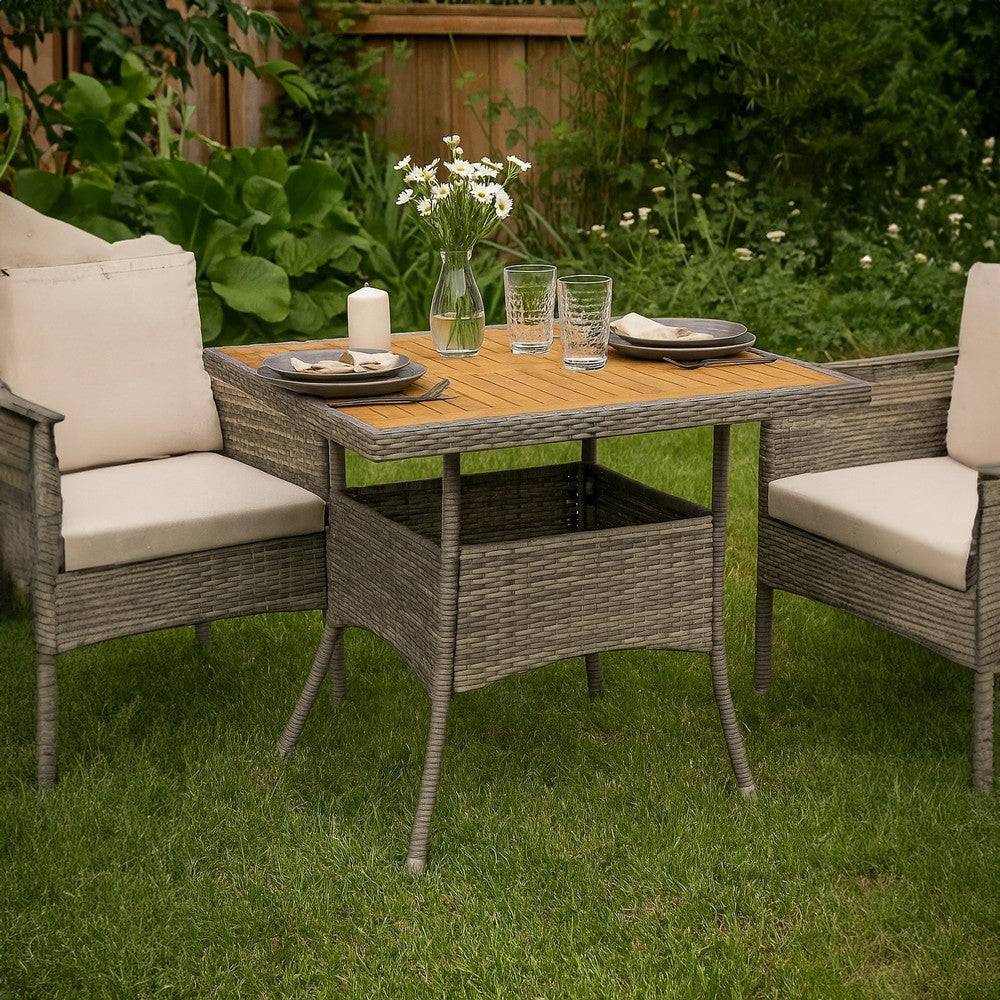Biwo Outdoor Dining Table | Gray Wicker Rattan | 32’’ Brown Wood Top BM340445