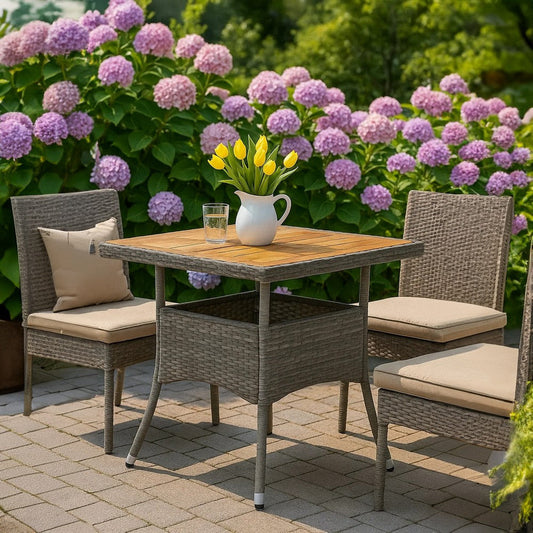 Biwo Outdoor Dining Table | Gray Wicker Rattan | 32’’ Brown Wood Top BM340445