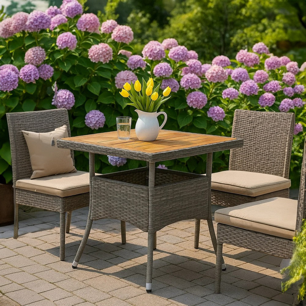 Biwo Outdoor Dining Table | Gray Wicker Rattan | 32" Brown Wood Top