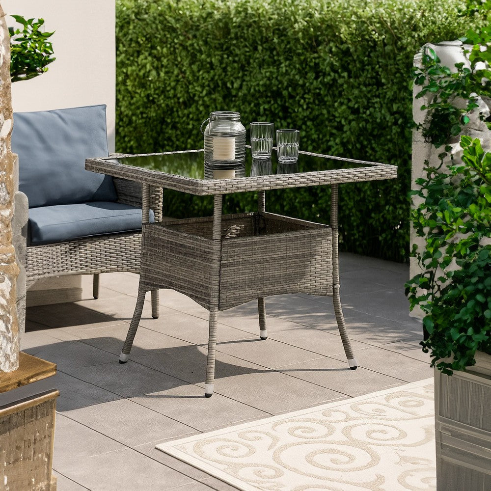 Biwo Outdoor Dining Table | Gray Wicker Rattan | 32’’ Black Tempered Glass BM340446