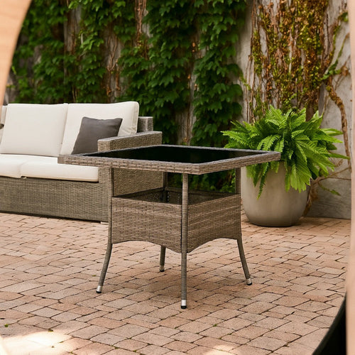Biwo Outdoor Dining Table | Gray Wicker Rattan | 32’’ Black Tempered Glass BM340446