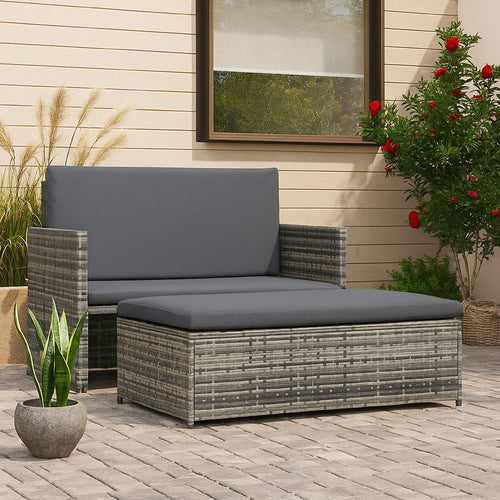 Feya 2pc Outdoor Sofa and Ottoman Set, Gray Poly Rattan and Cushions, Steel
