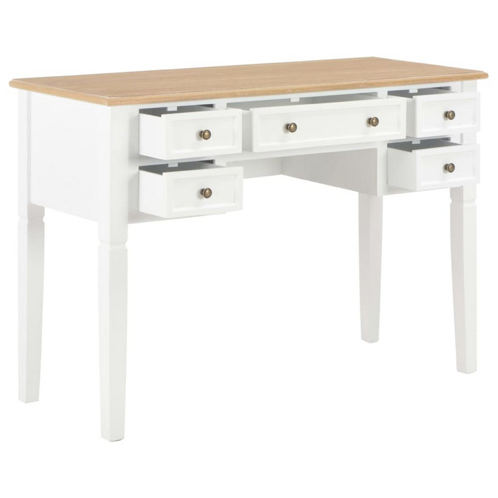 Ryann Writing Desk | 5 Drawers | White & Brown Pine Wood | 43"