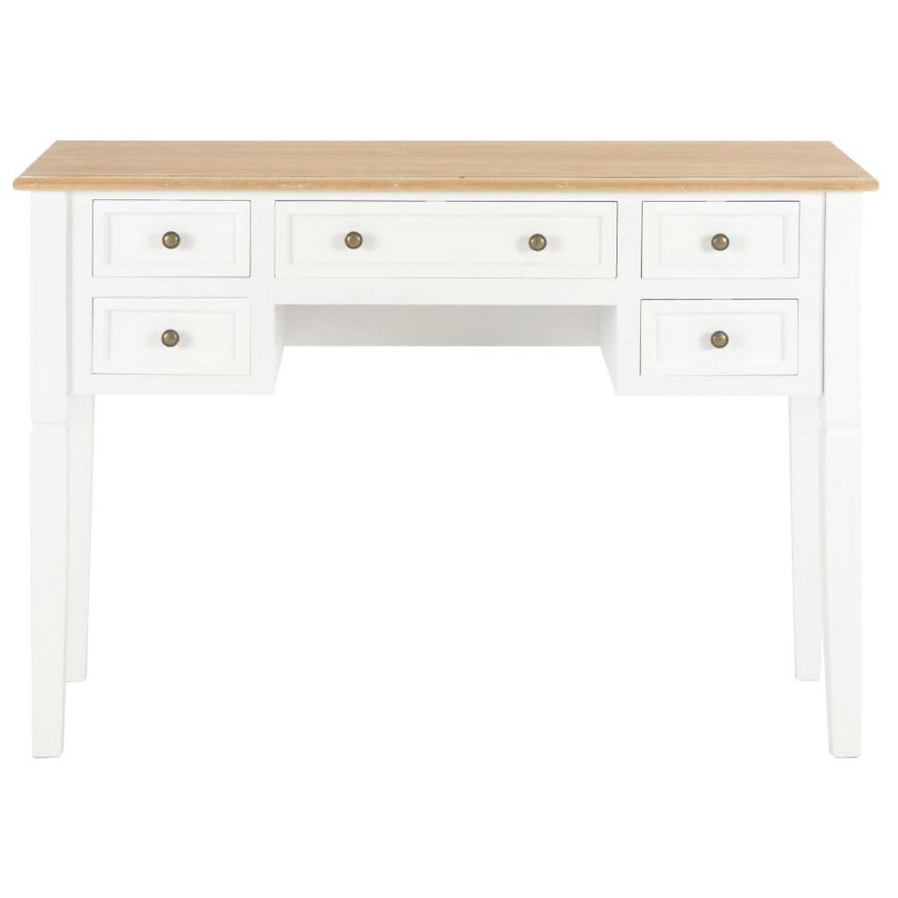Ryann Writing Desk | 5 Drawers | White & Brown Pine Wood | 43"
