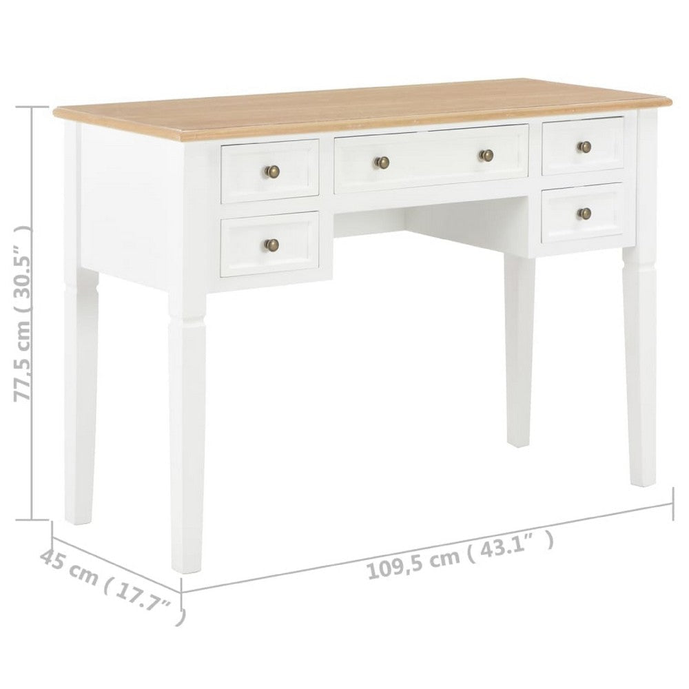 Ryann Writing Desk | 5 Drawers | White & Brown Pine Wood | 43’’ BM340468