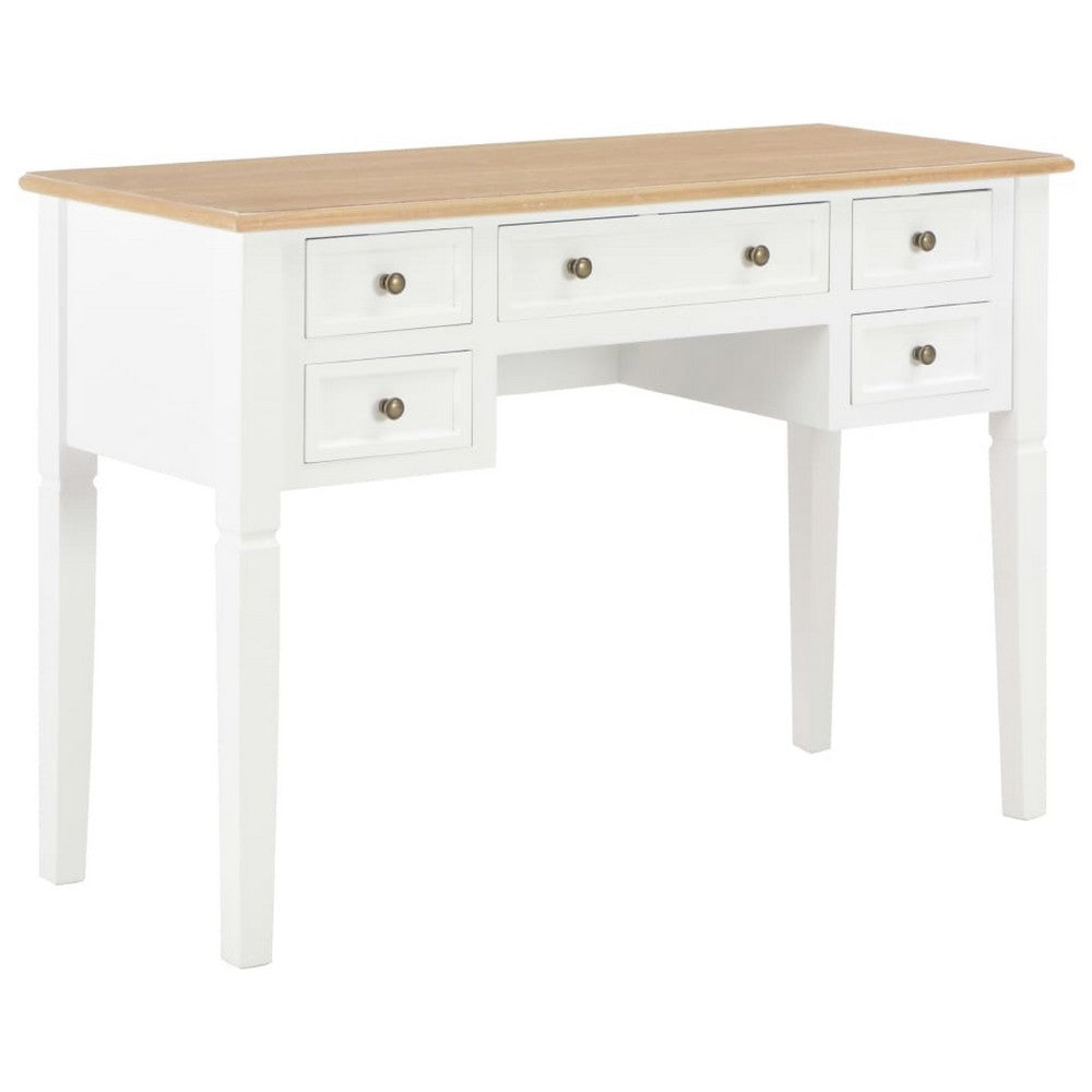 Ryann Writing Desk | 5 Drawers | White & Brown Pine Wood | 43"