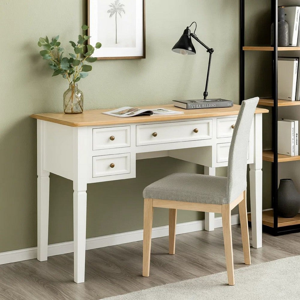 Ryann Writing Desk | 5 Drawers | White & Brown Pine Wood | 43"