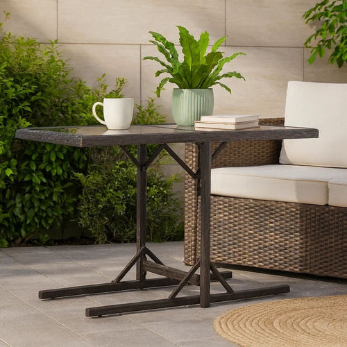 Multipurpose Outdoor Table | Black Poly Rattan | Steel | 43" Glass Top