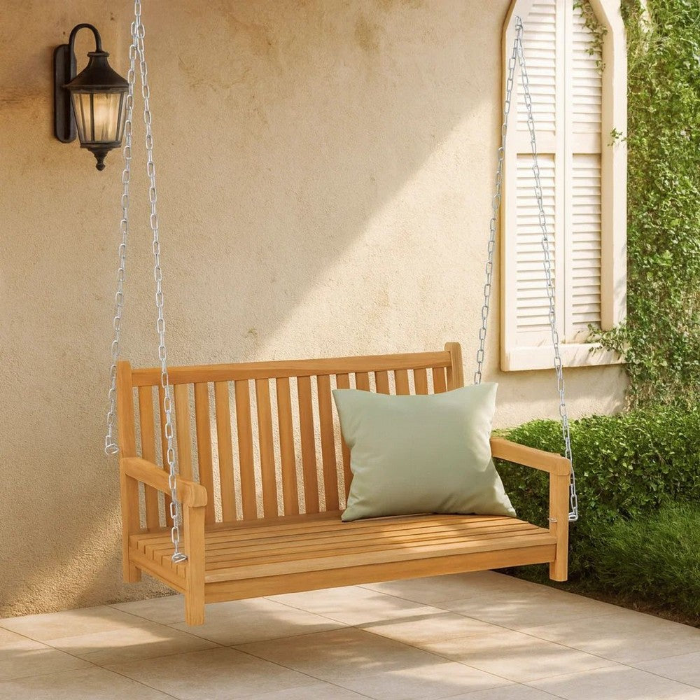 Outdoor Swing Bench | Natural Brown Solid Teak Wood | Metal | 45"