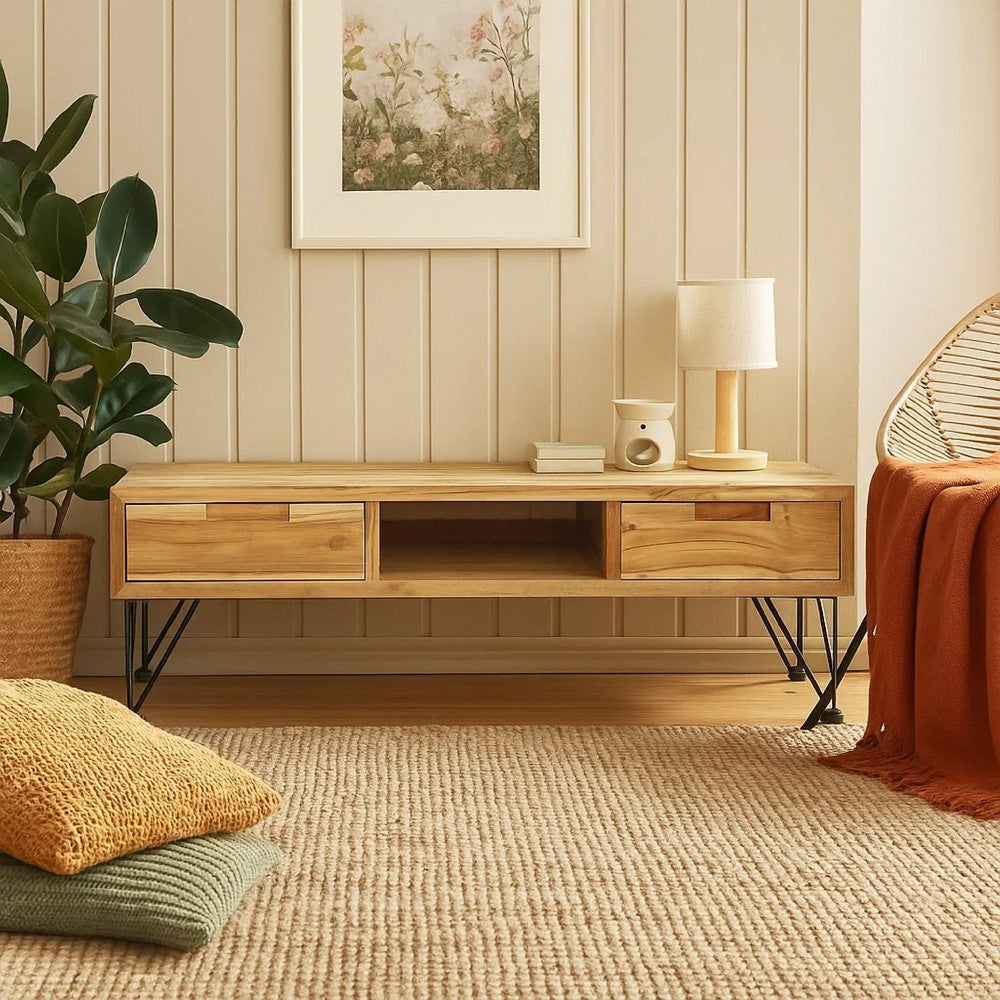 TV Stand Media Cabinet | Natural Teak Wood & Wrought Iron | 47"