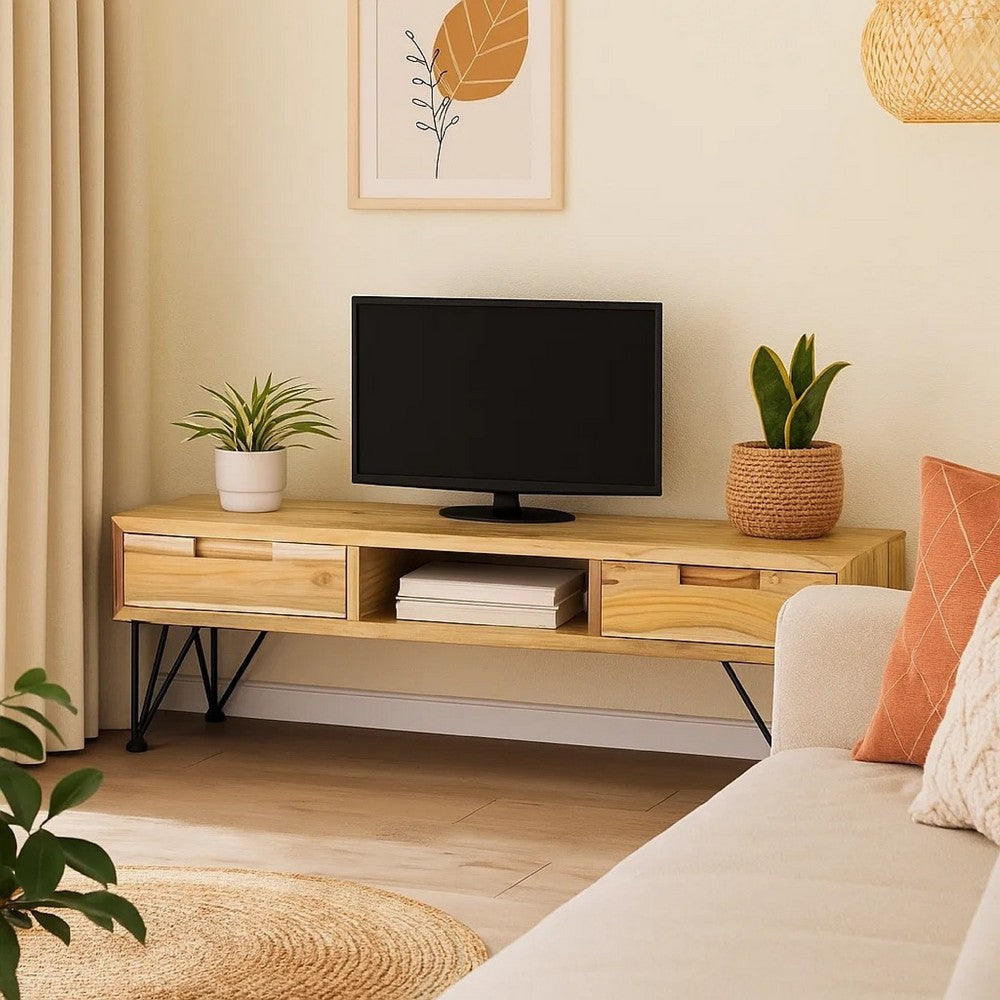 TV Stand Media Cabinet | Natural Teak Wood & Wrought Iron | 47"