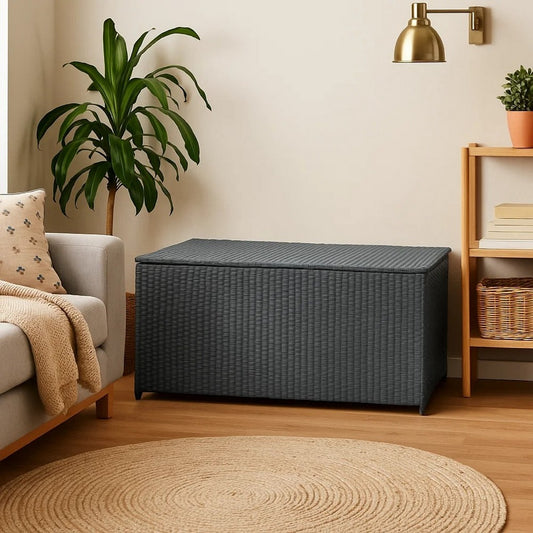 Outdoor Poolside Storage Chest | Black Poly Rattan | Gas Lift Lid | 47"