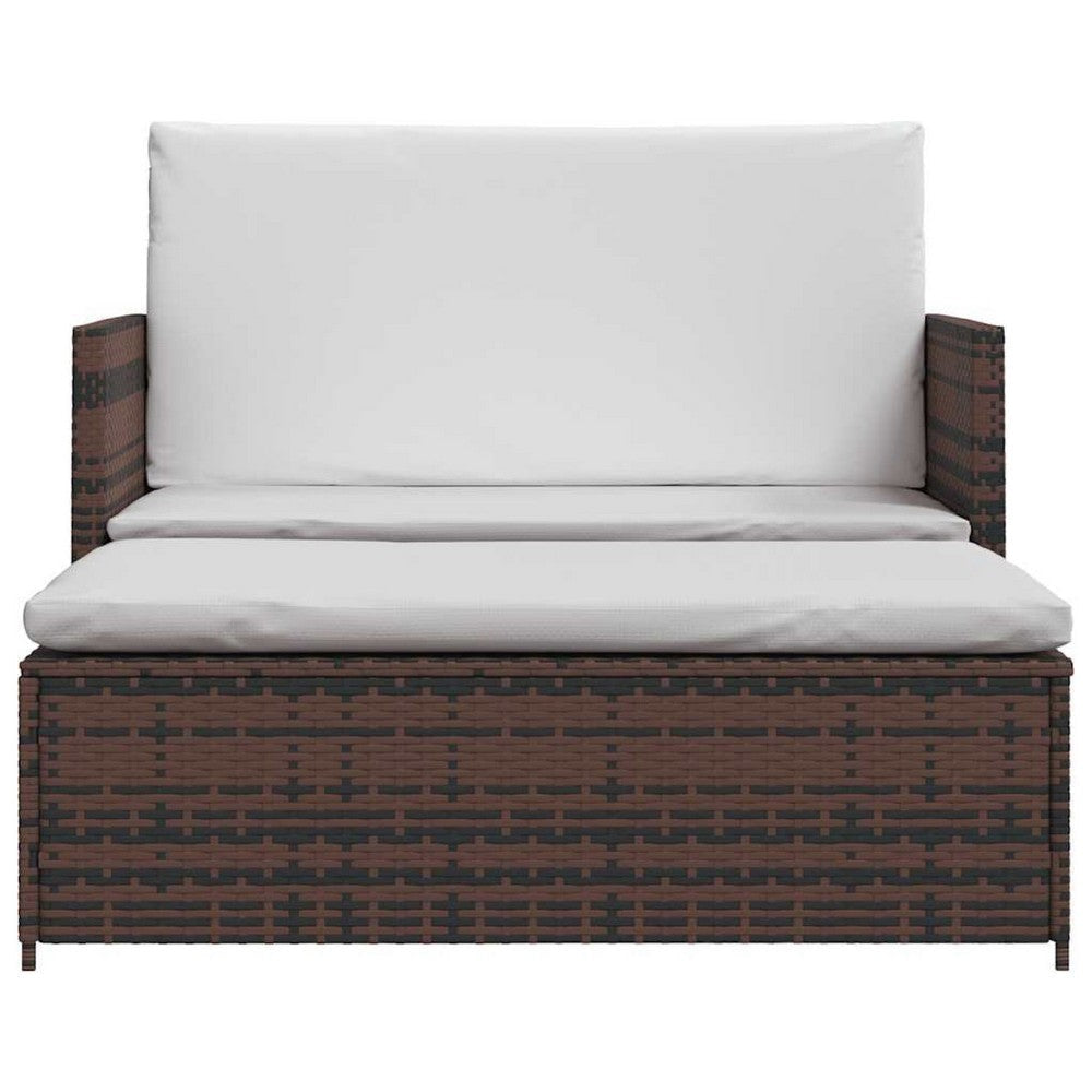 Feya 2pc Outdoor Sofa and Ottoman Set Brown Poly Rattan White Cushions Steel BM340499