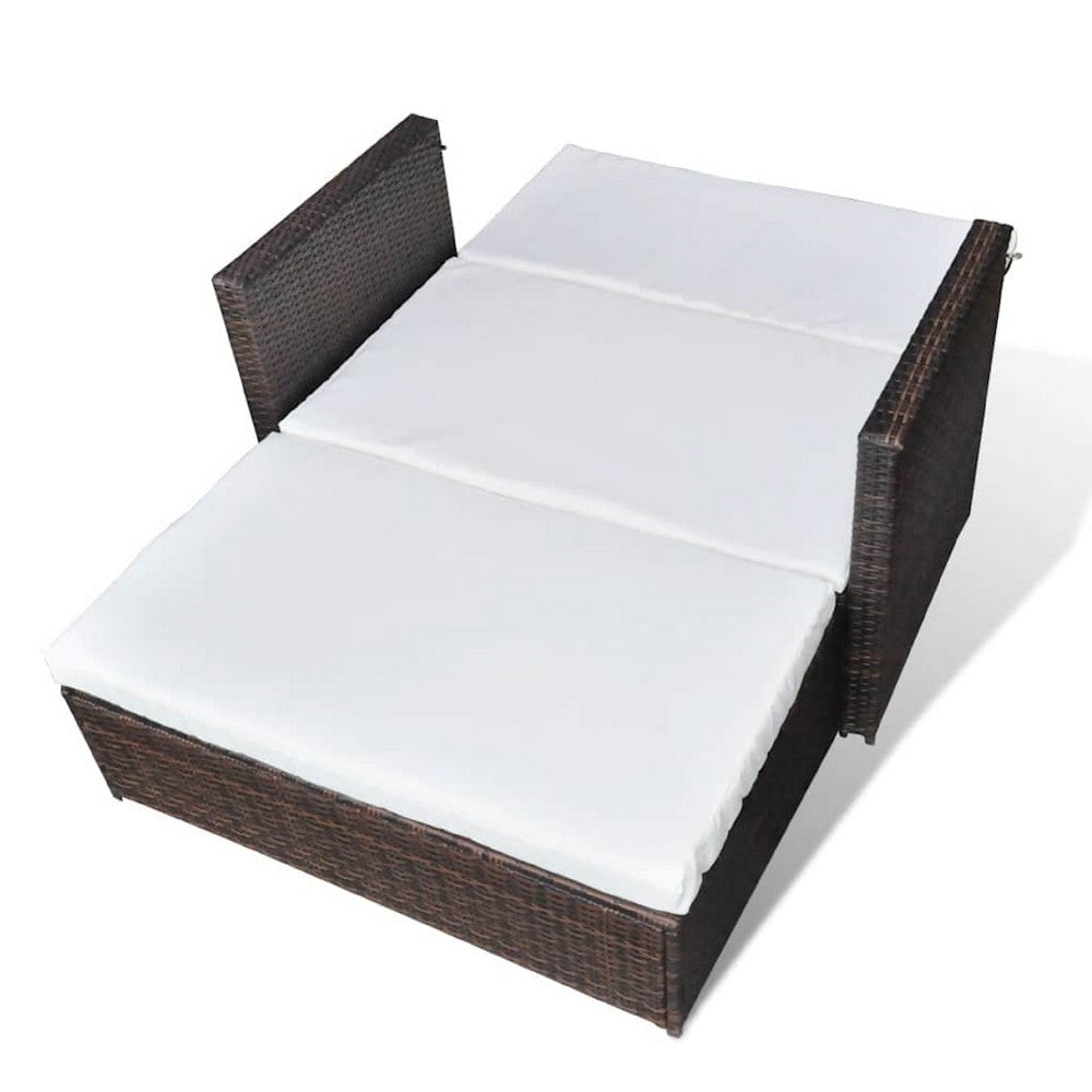 Feya 2pc Outdoor Sofa and Ottoman Set Brown Poly Rattan White Cushions Steel BM340499