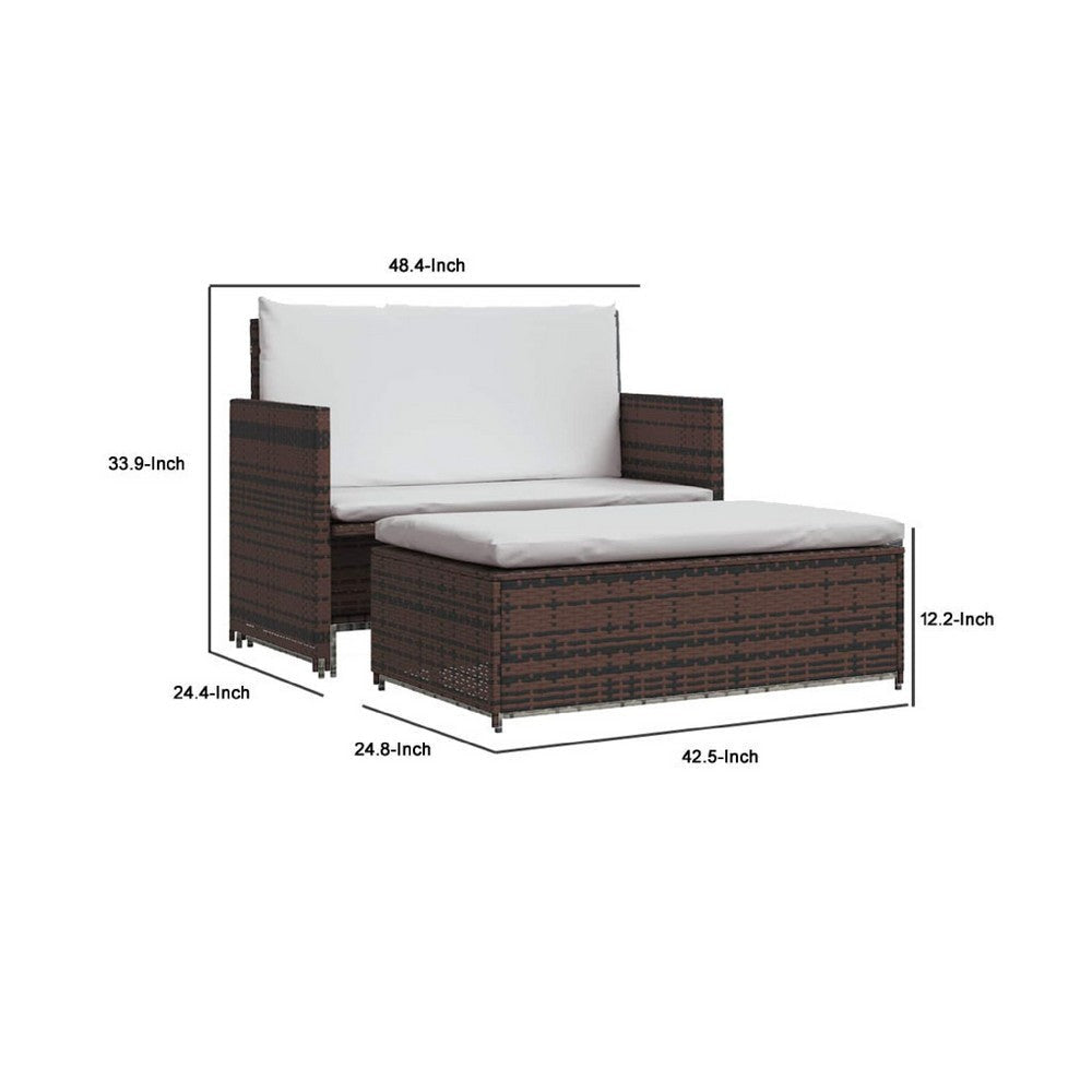 Feya 2pc Outdoor Sofa and Ottoman Set Brown Poly Rattan White Cushions Steel BM340499