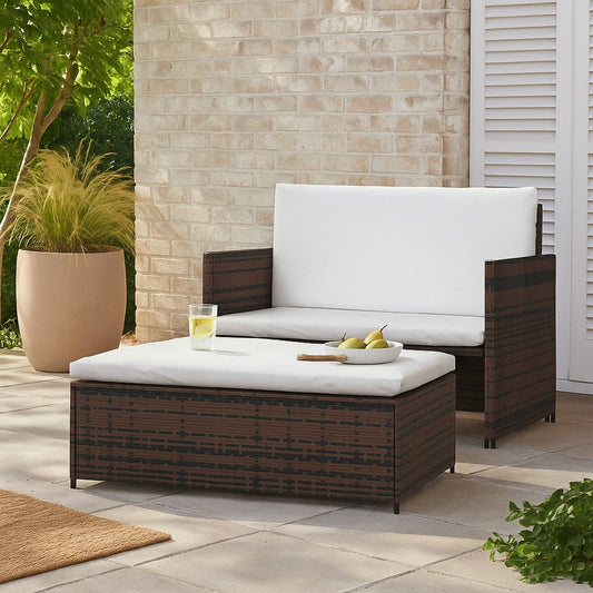 Feya 2pc Outdoor Sofa and Ottoman Set, Brown Poly Rattan, White Cushions, Steel