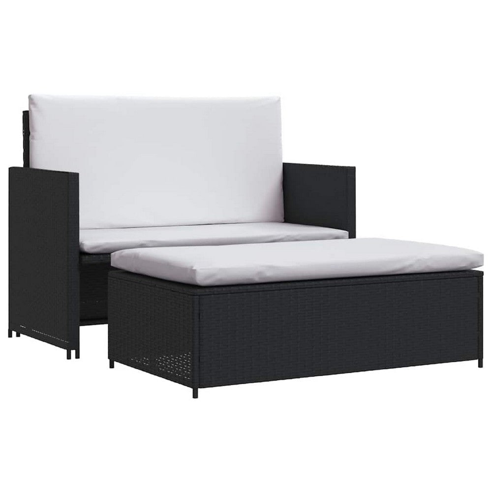 Feya 2pc Outdoor Sofa and Ottoman Set Black Poly Rattan White Cushions Steel BM340500