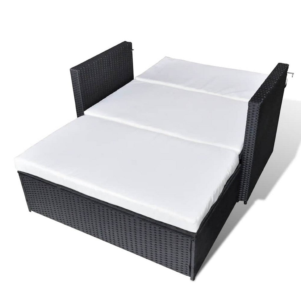 Feya 2pc Outdoor Sofa and Ottoman Set Black Poly Rattan White Cushions Steel BM340500
