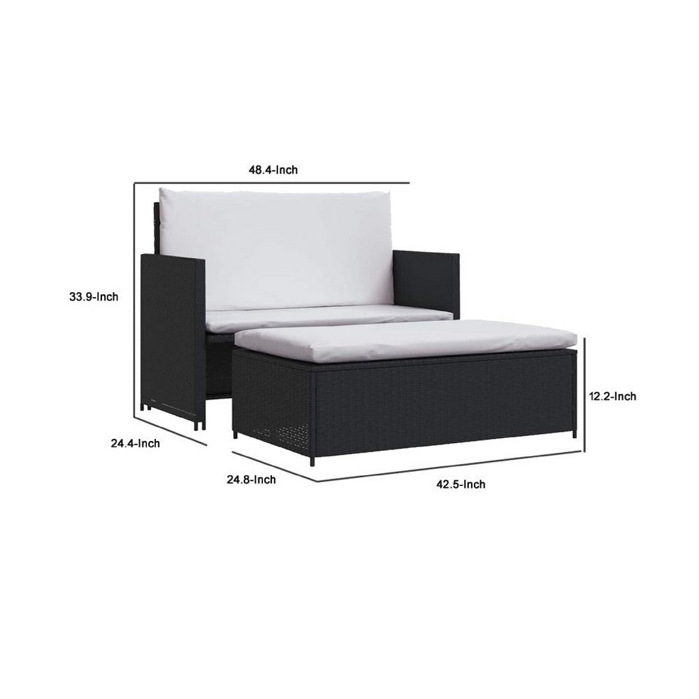 Feya 2pc Outdoor Sofa and Ottoman Set Black Poly Rattan White Cushions Steel BM340500