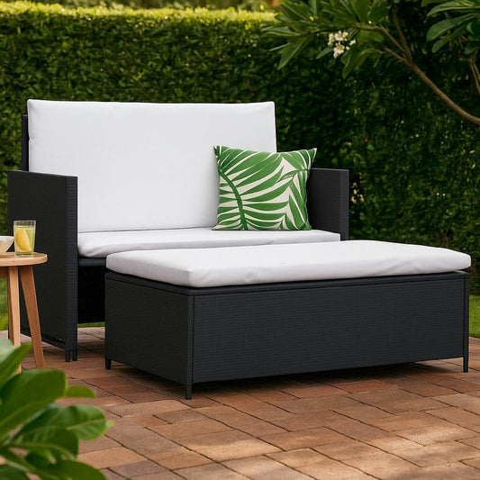 Feya Outdoor Sofa | Black Poly Rattan | White Fabric | Steel | 48’’ BM340500