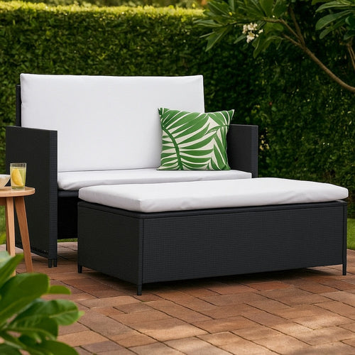 Feya 2pc Outdoor Sofa and Ottoman Set, Black Poly Rattan, White Cushions, Steel