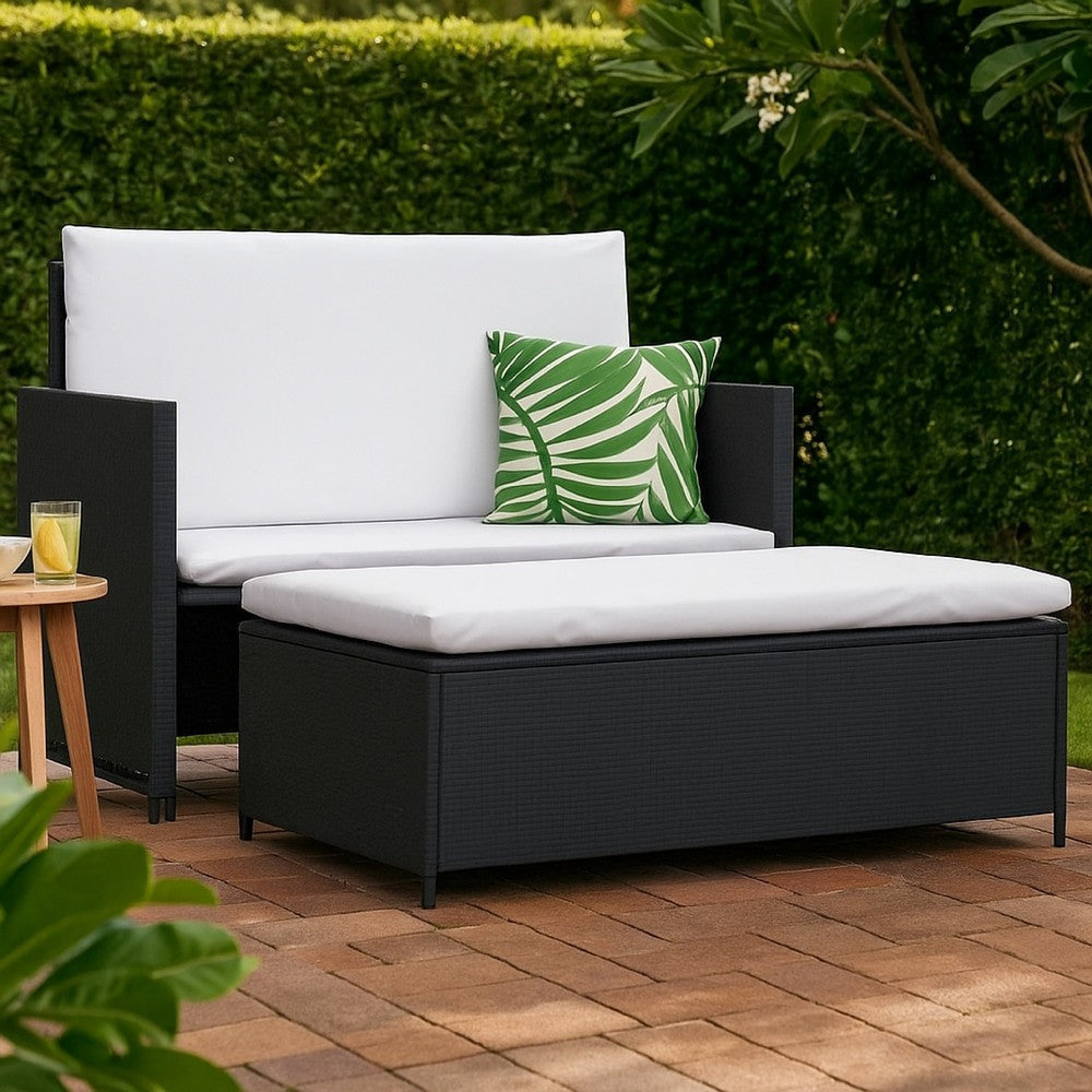 Feya 2pc Outdoor Sofa and Ottoman Set, Black Poly Rattan, White Cushions, Steel