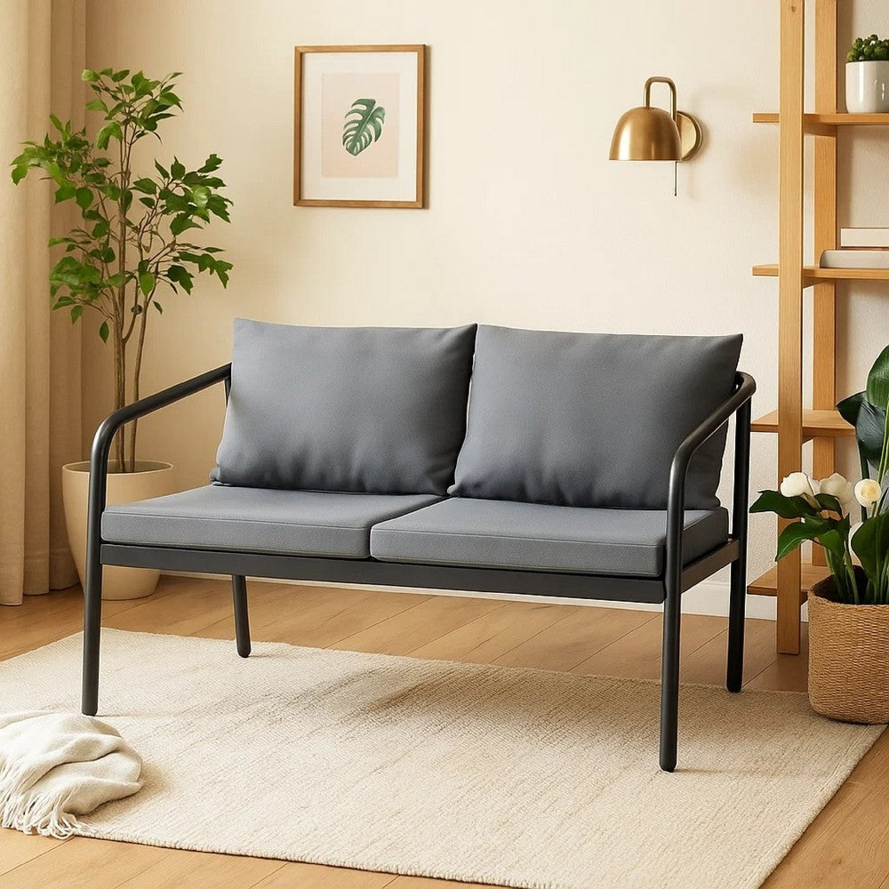 Outdoor Sofa | Dark Gray Polyester Cushions Black | Aluminium 48"