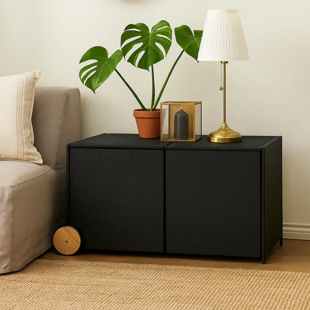 Lexie Outdoor Patio Storage Box | Black Poly Rattan | Casters | 50"