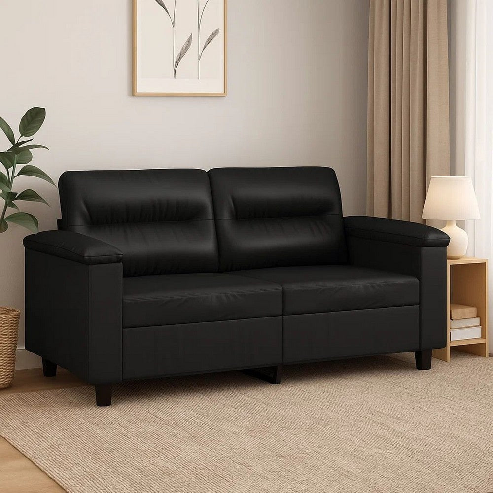 2 Seater Sofa | Black Faux Leather | Tufted Cushions | Steel | 59"