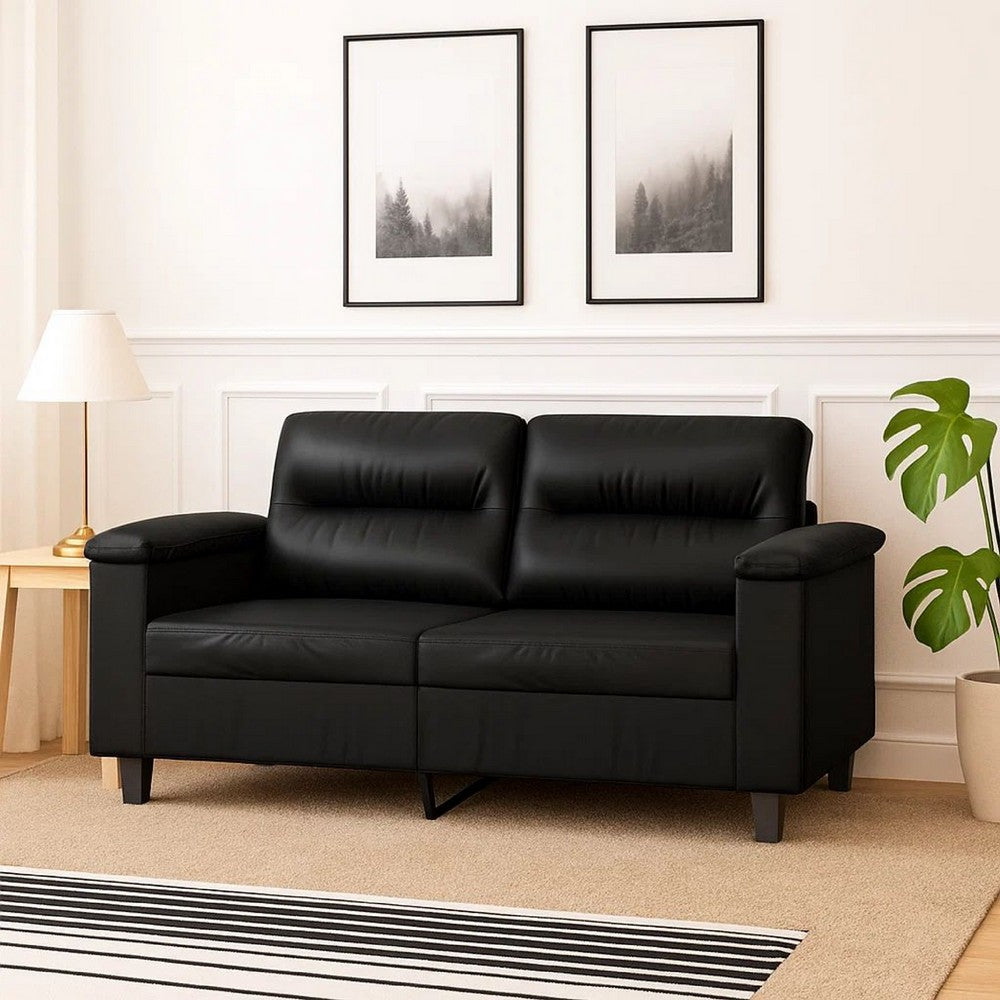 2 Seater Sofa | Black Faux Leather | Tufted Cushions | Steel | 59"