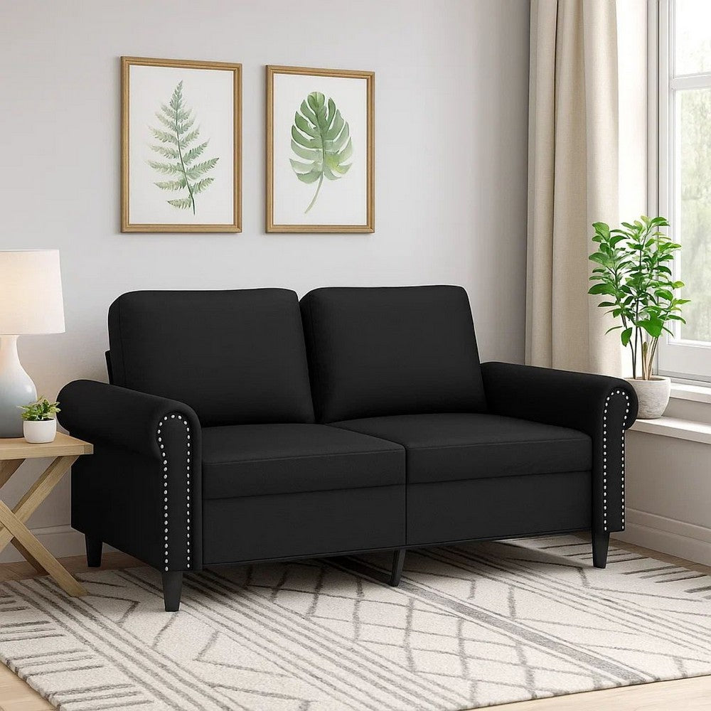 2 Seater Sofa | Nailhead Trim Black Faux Leather Cushions | 60"