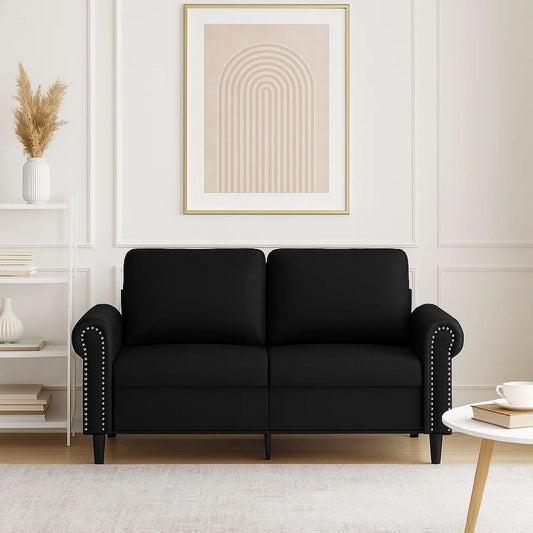 2 Seater Sofa | Nailhead Trim Black Faux Leather Cushions | 60"