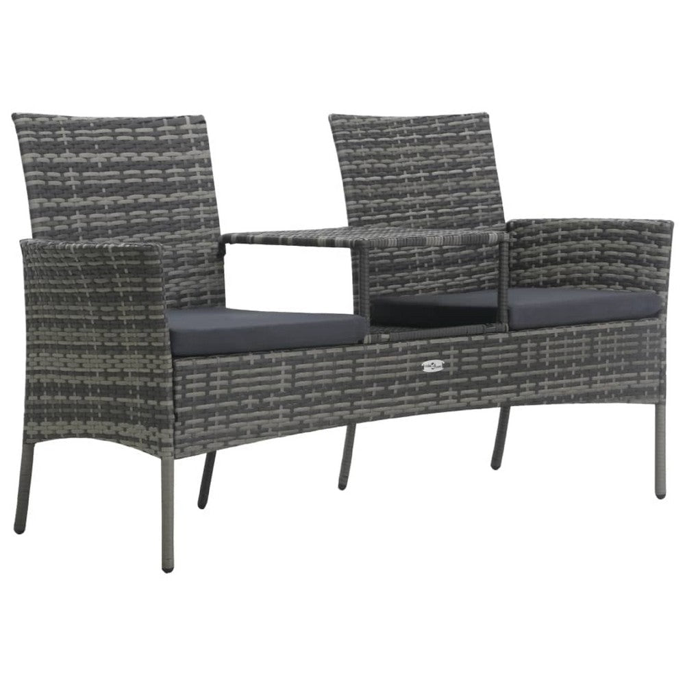 Garden Bench w Center Tea Table | Anthracite Gray Wicker Rattan | 60"