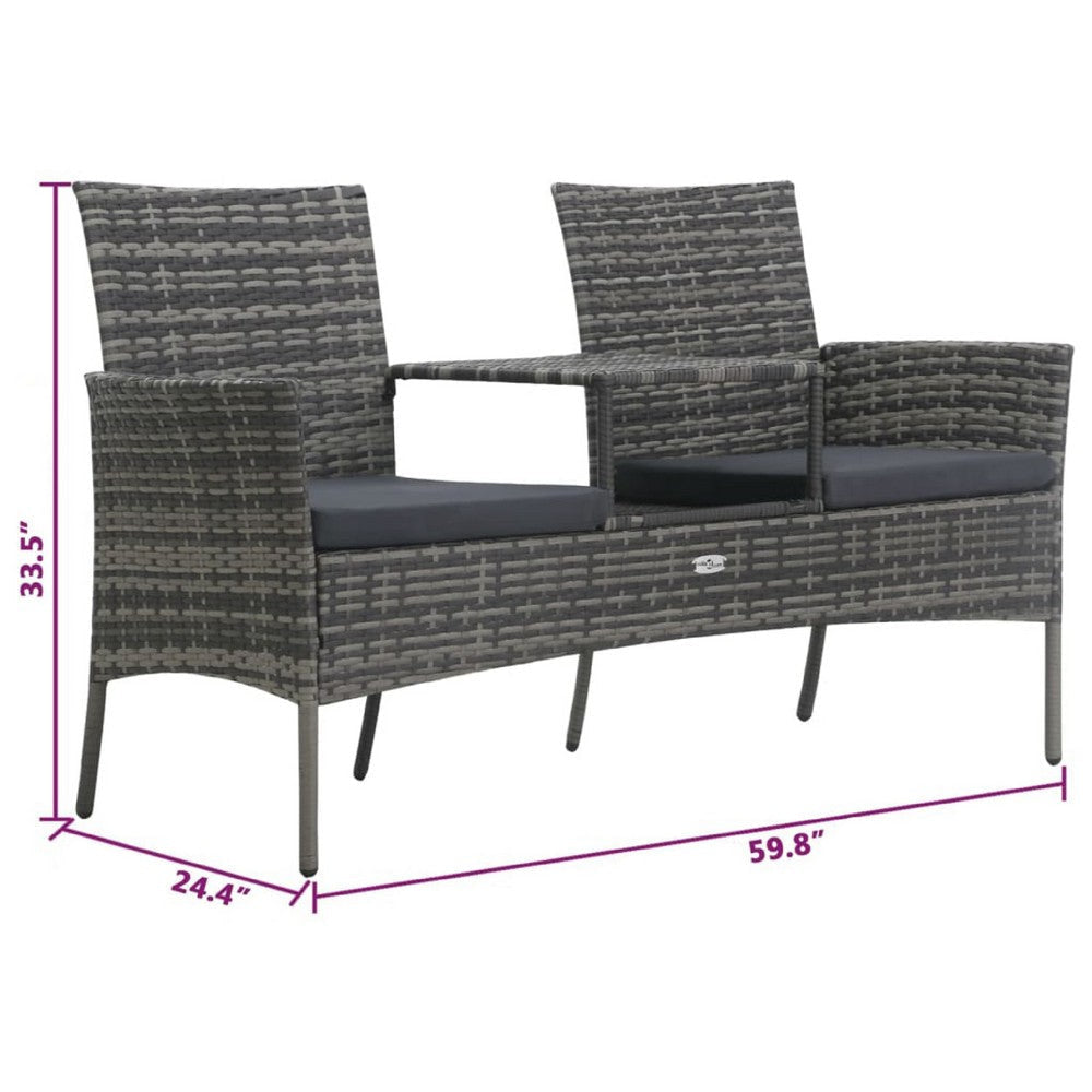 Garden Bench w Center Tea Table | Anthracite Gray Wicker Rattan | 60’’ BM340521