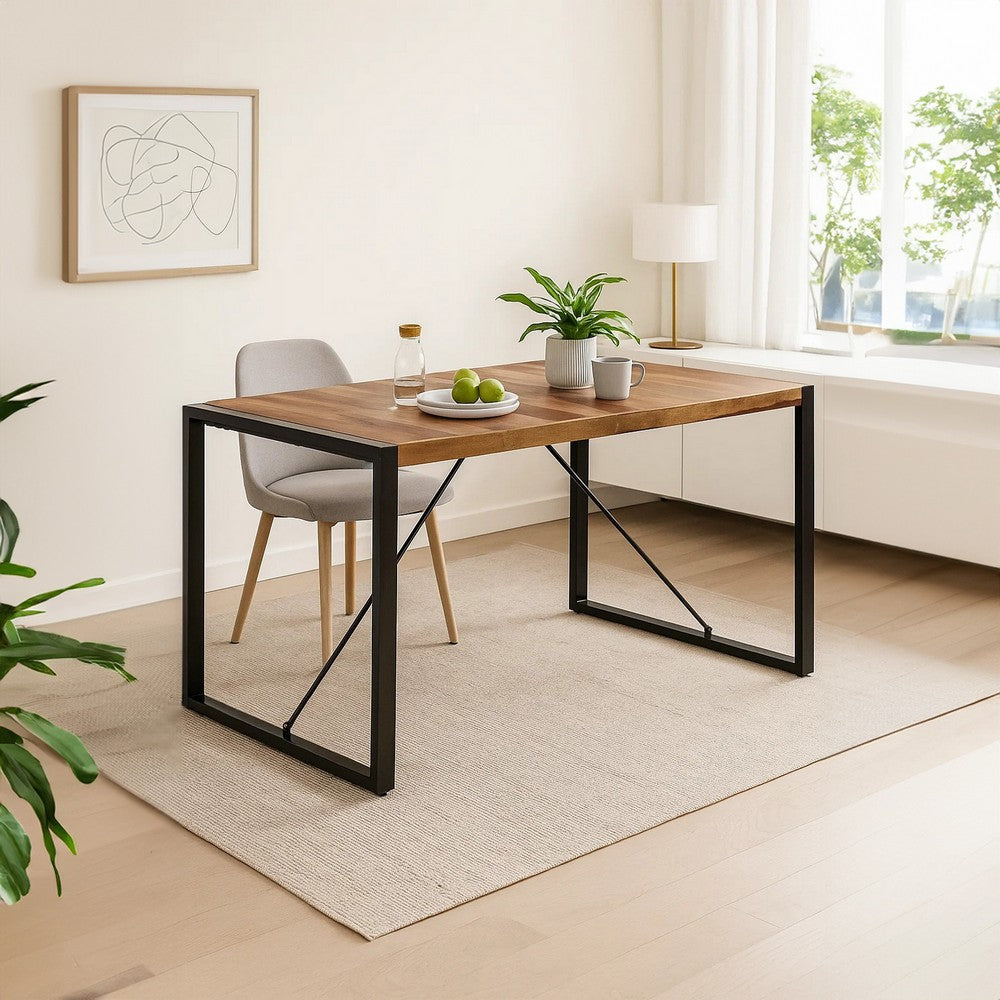 Rezza Dining Table | 63" Brown Solid Mango Wood Top | Black Steel