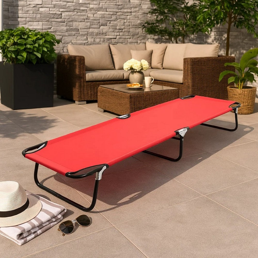 Outdoor Chaise Lounger | Red Polyester | Black Powder-Coated Steel | 75"