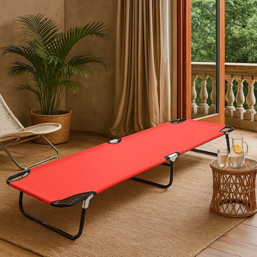 Outdoor Chaise Lounger | Red Polyester | Black Powder-Coated Steel | 75"