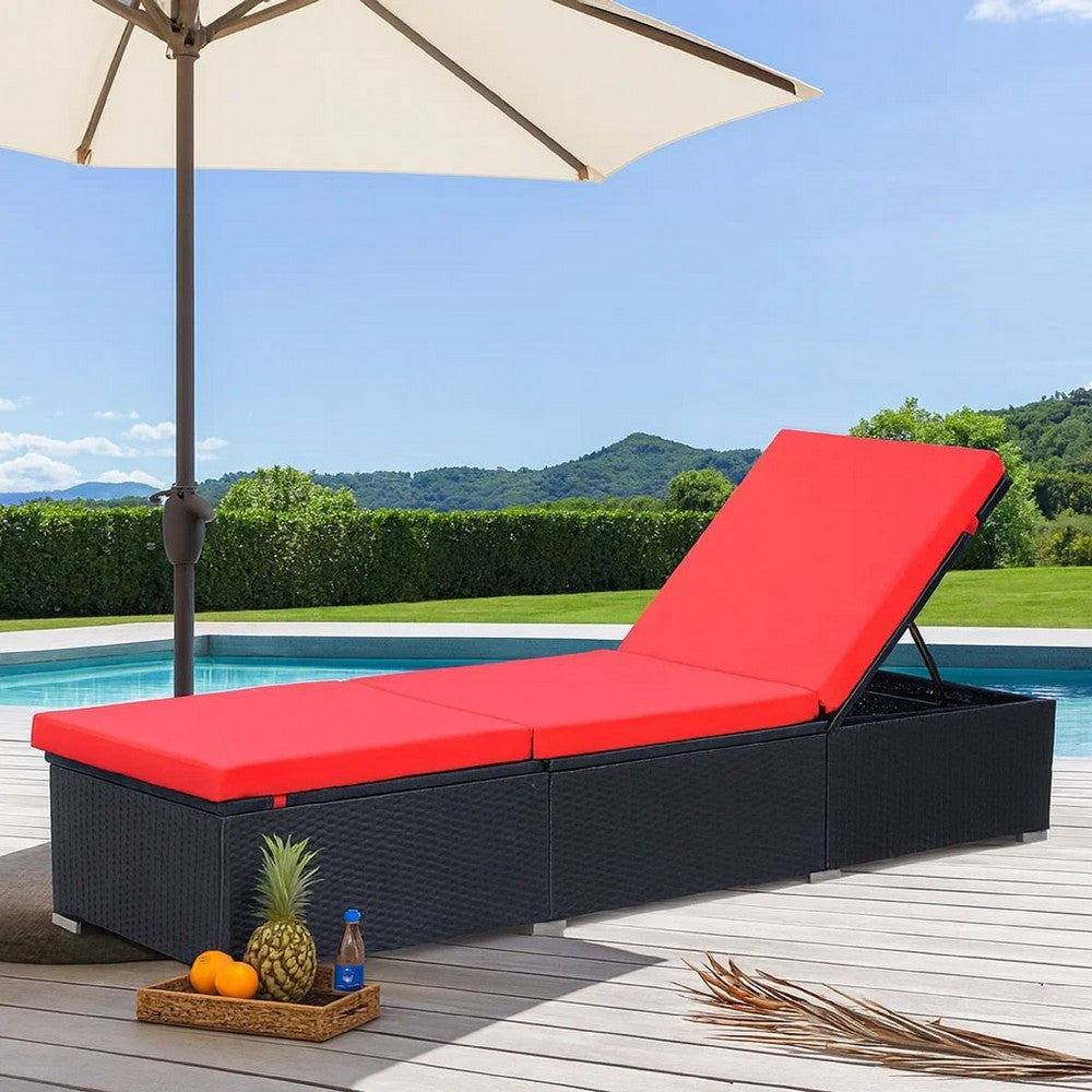 Remie Outdoor Chaise Lounger | Black Poly Rattan | Red Cushions | 77"