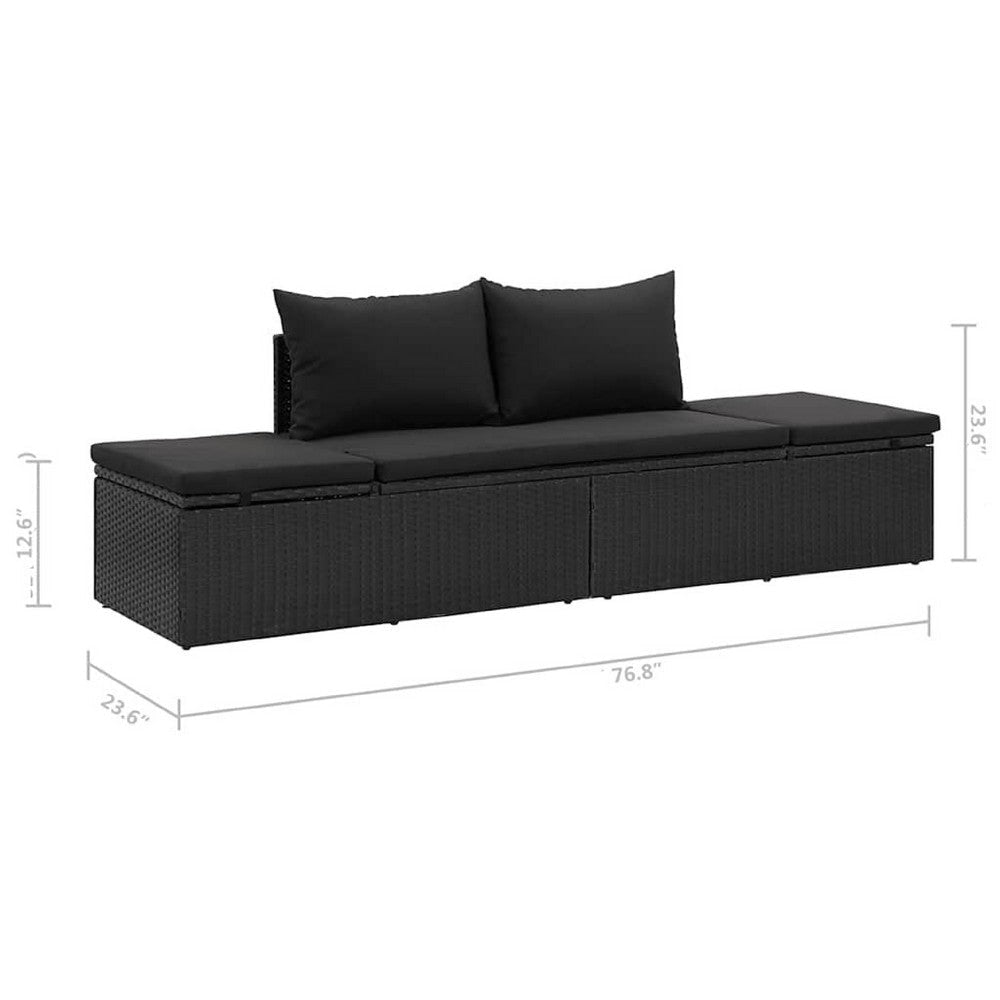 Patio Sun Lounger | Black Poly Rattan | Soft Fabric Cushions | 77’’ BM340545