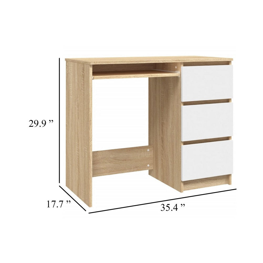 Computer Desk | Faux Oak Brown Wood | 3 Drawers | Keyboard Tray | 35’’ BM340551