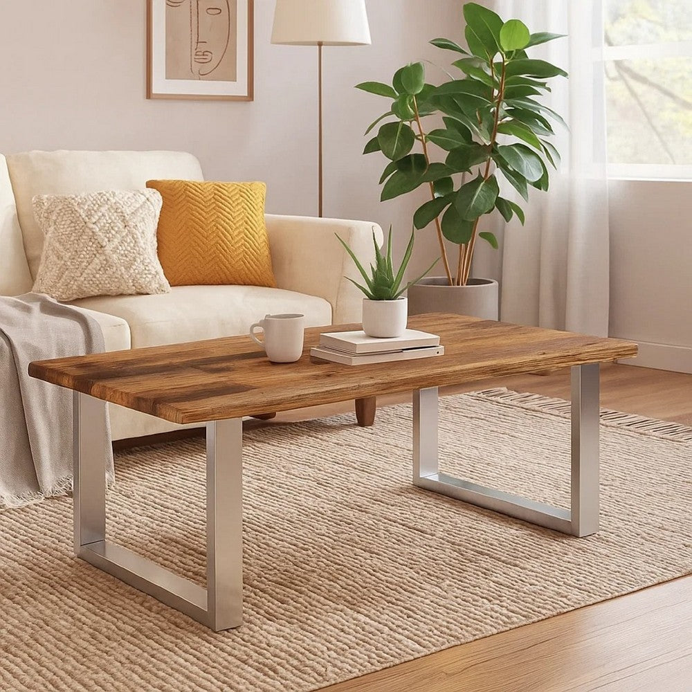 Coffee Table | 39" Brown Reclaimed Wood Top | Metal Sled Base