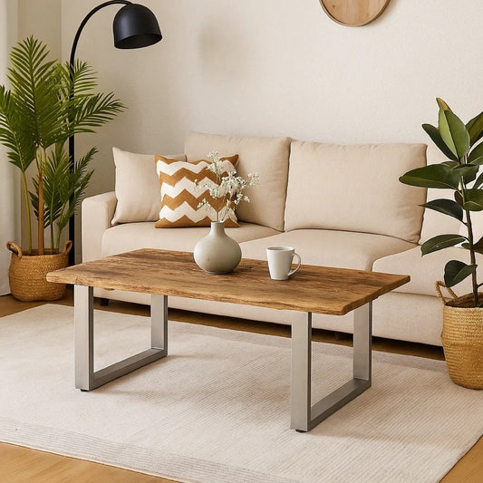 Coffee Table | 39" Brown Reclaimed Wood Top | Metal Sled Base