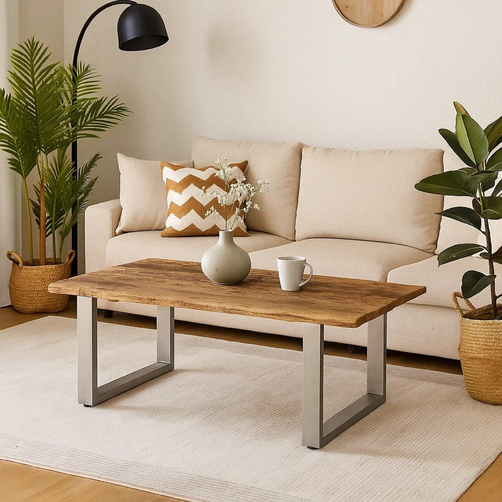 Coffee Table | 39" Brown Reclaimed Wood Top | Metal Sled Base