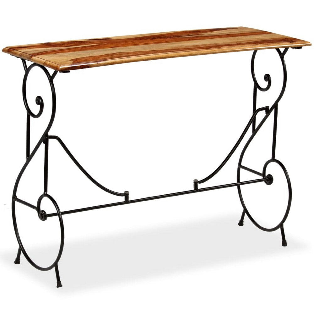 Sofa Console Table | Brown Sheesham Wood Top | Black Metal Base | 39"